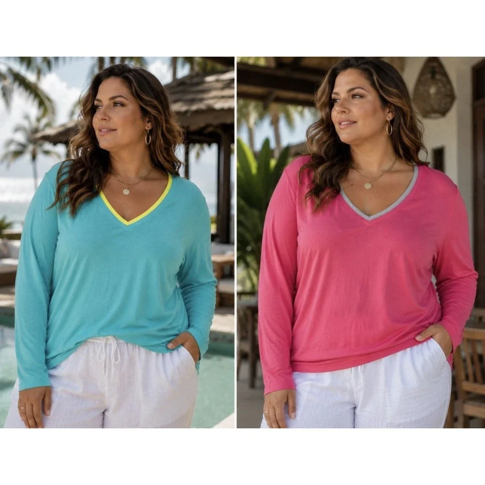 Lot 2 Fresh Produce Womens V Neck Tunic Sweater Size L Casual Comfort Lightweigh - Picture 1 of 16